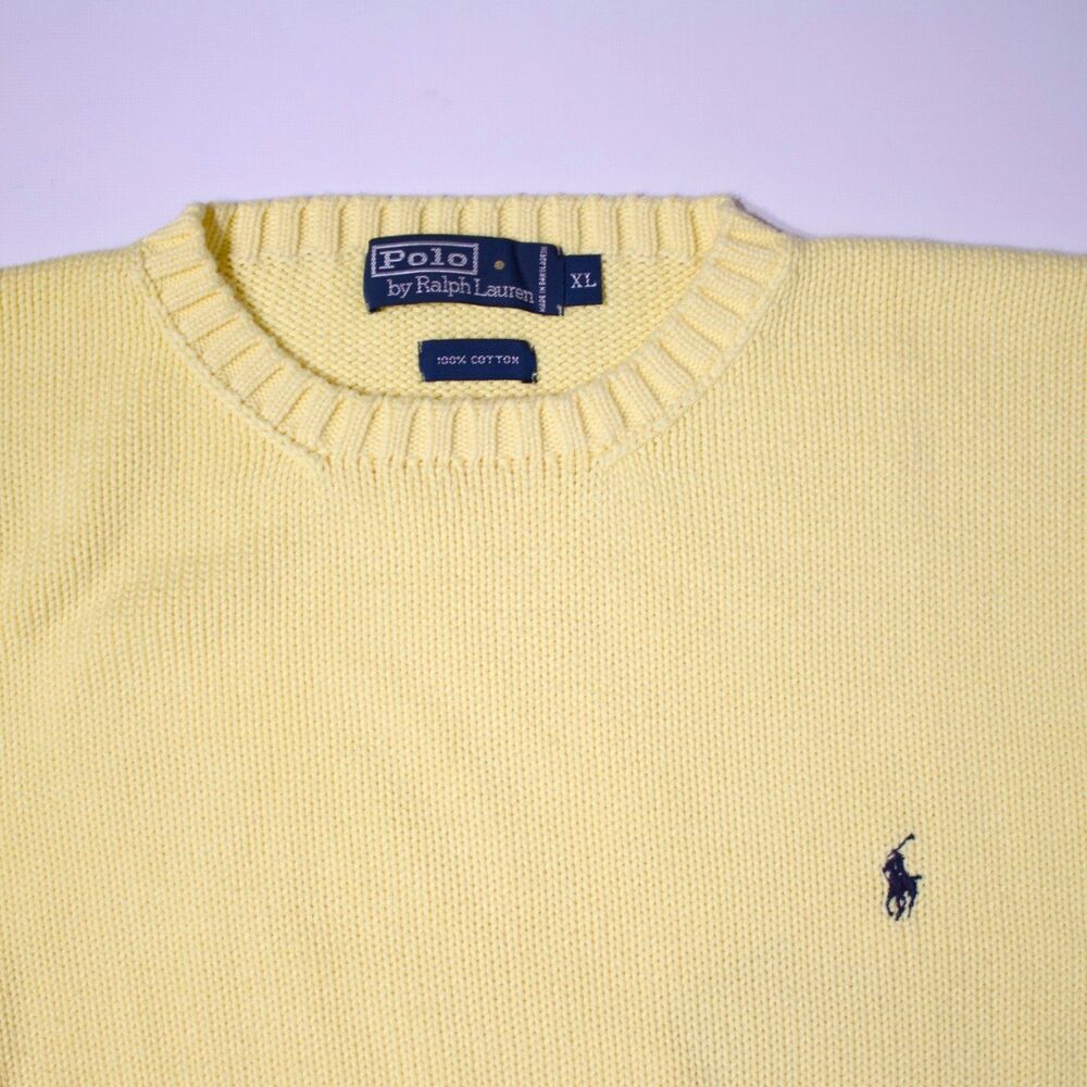 VTG 90s Polo Ralph Lauren Yellow Knit Crewneck Sweater Embroidered Pony Men XL - Picture 2 of 8
